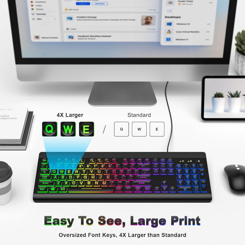 Atelus Large Print Backlit Keyboard, USB Wired Computer Keyboard, Full Size Keyboard with Rainbow Illuminated LED Compatible for Windows Desktop, Laptop, PC, Gaming, Black - Image 2